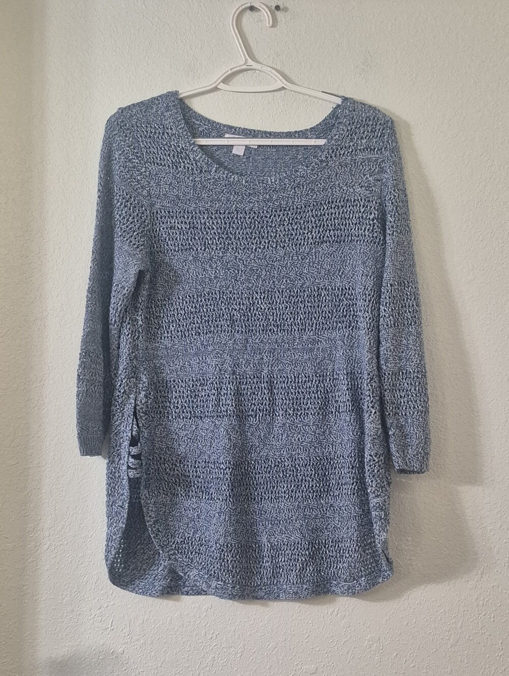 New York & Company Heather Blue Open-Knit Tunic Sweater